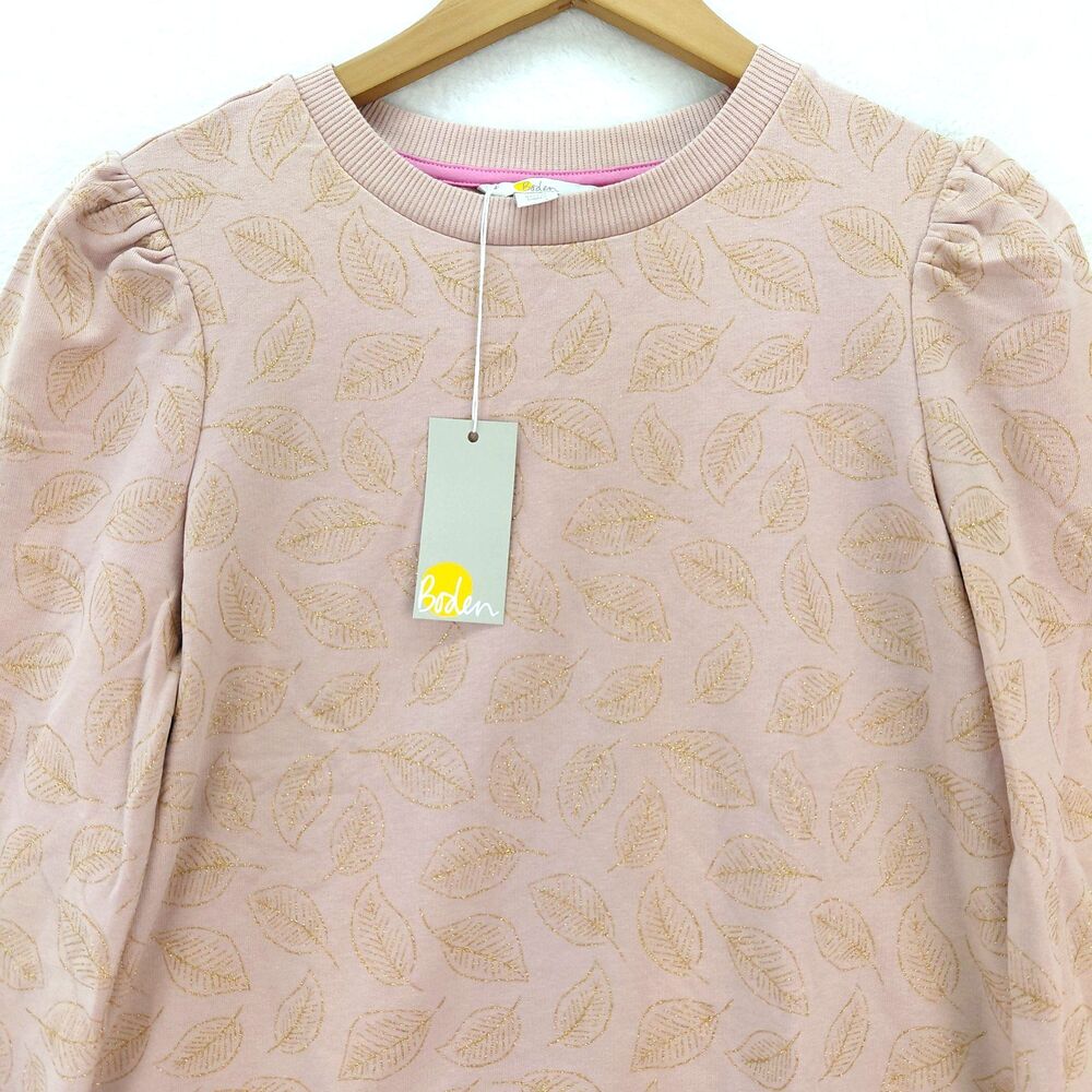 Boden Sweatshirt Womens 6 Pink Gold Metalic Leaf Floral Print Puff Sleeve NEW - Picture 2 of 13